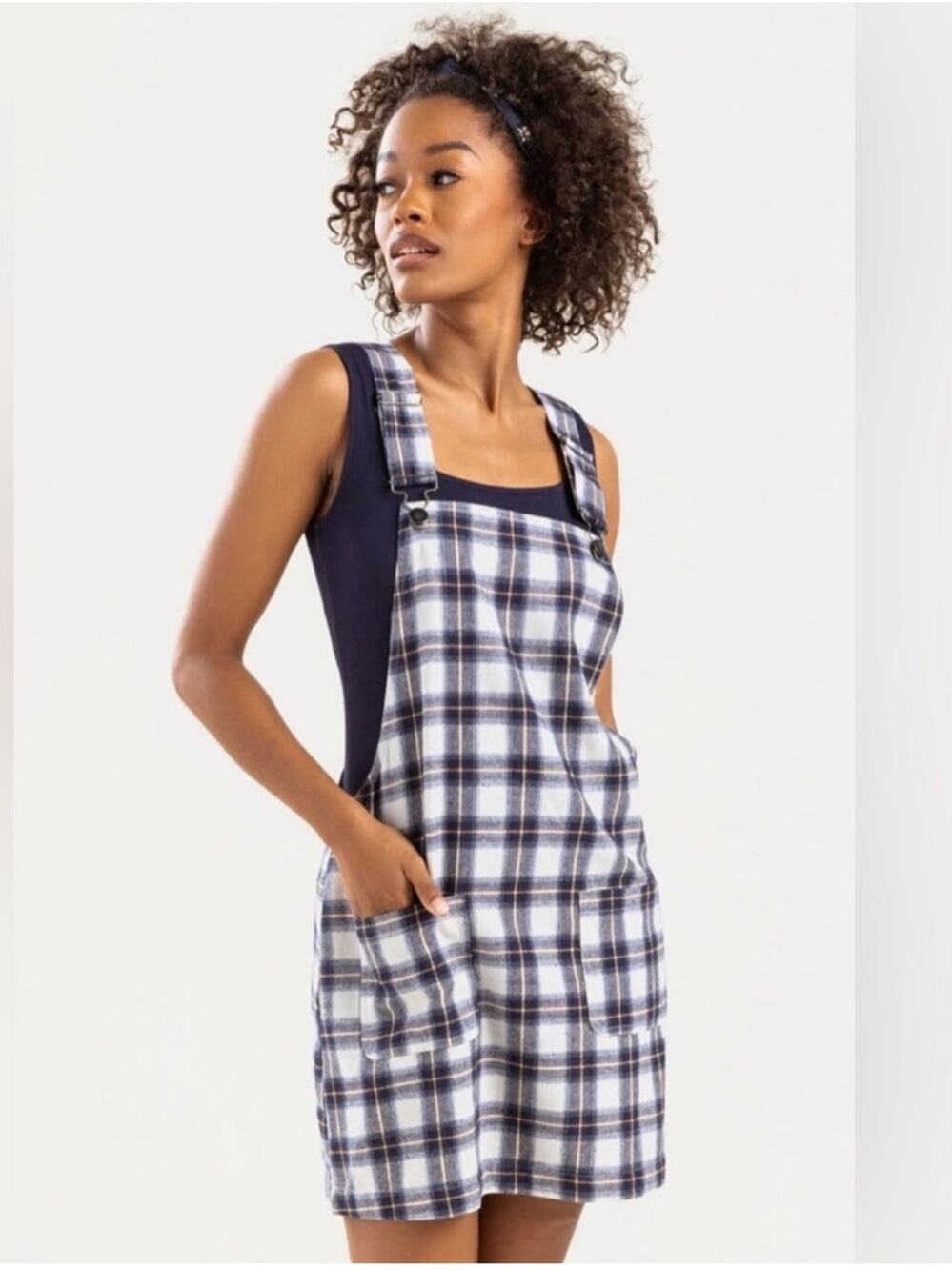 Francesca’s tgla Navy and White Plaid Pinafore Mini Dress - Size L